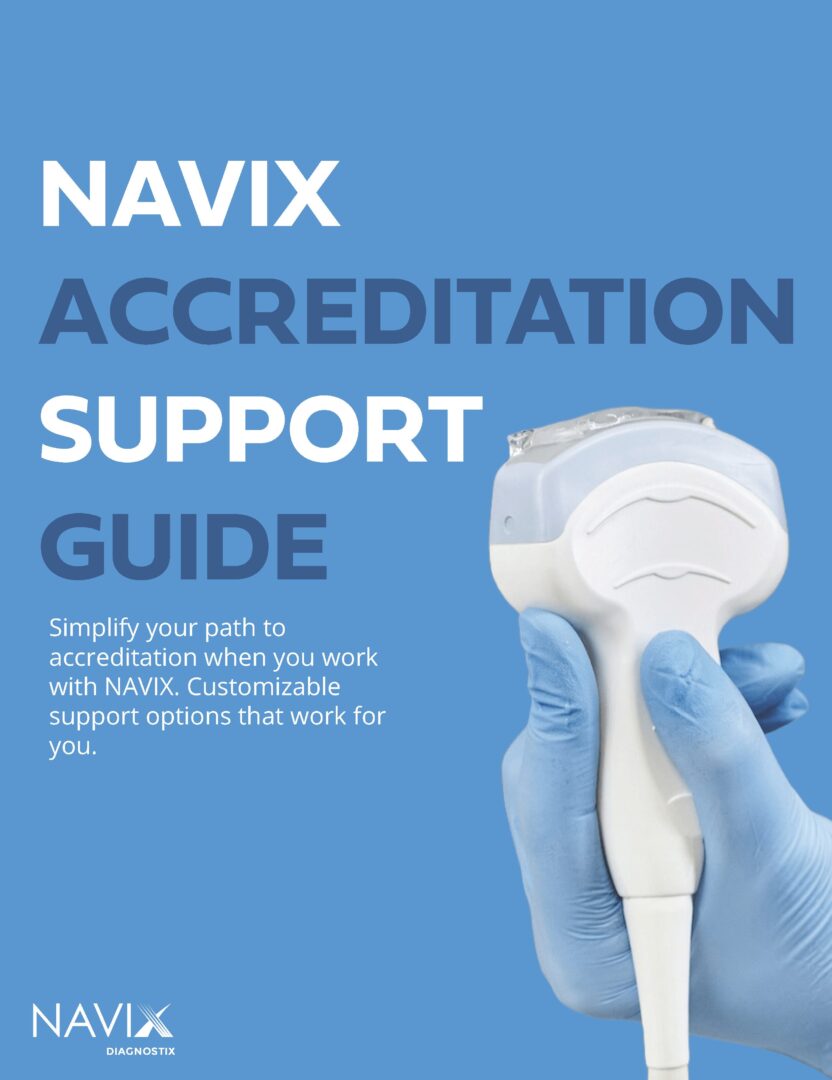 Hand holding a white device with NAVIX accreditation support guide text.