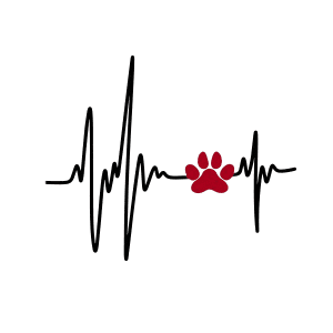 Heartbeat line with a red paw print symbol.