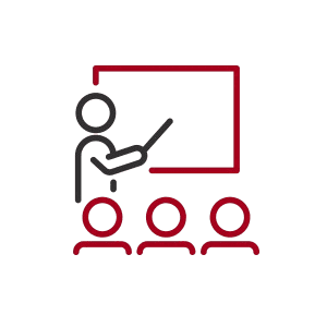 Icon of a teacher instructing students with a pointer at a board.